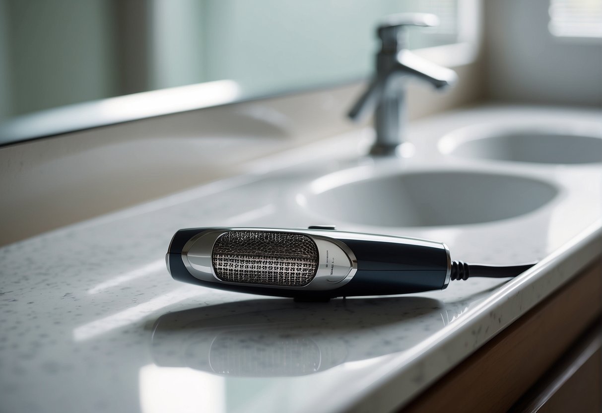 An electric razor sitting on a clean, white bathroom countertop, with a cord trailing off to the side