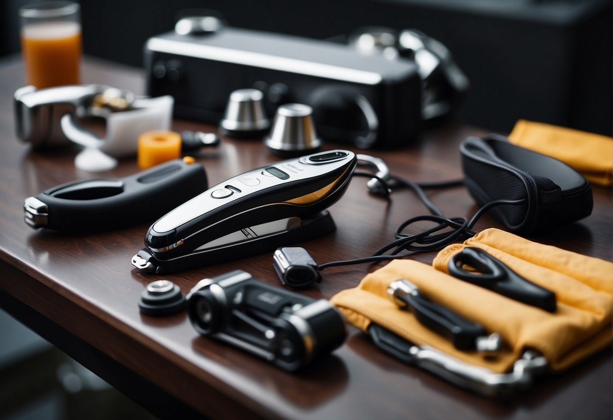 A table with various electric razor accessories and replacement parts