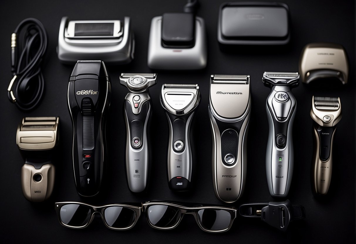 Multiple electric razors lined up for comparison, with various models and brands on display