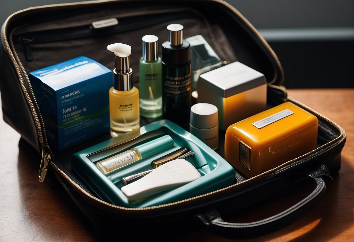 A razor and travel-sized toiletries in a compact carry-on bag