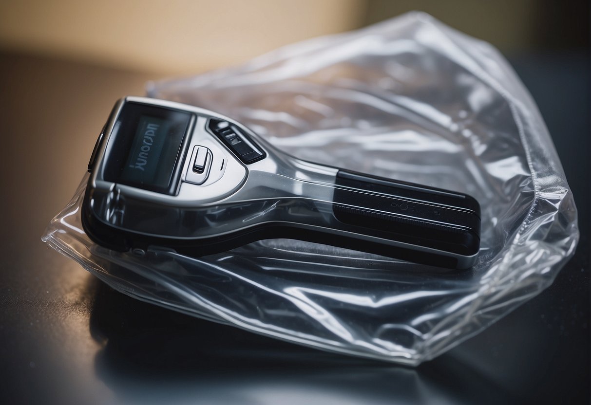 A small electric razor sits neatly inside a clear plastic bag, ready to be taken through airport security in a carry-on