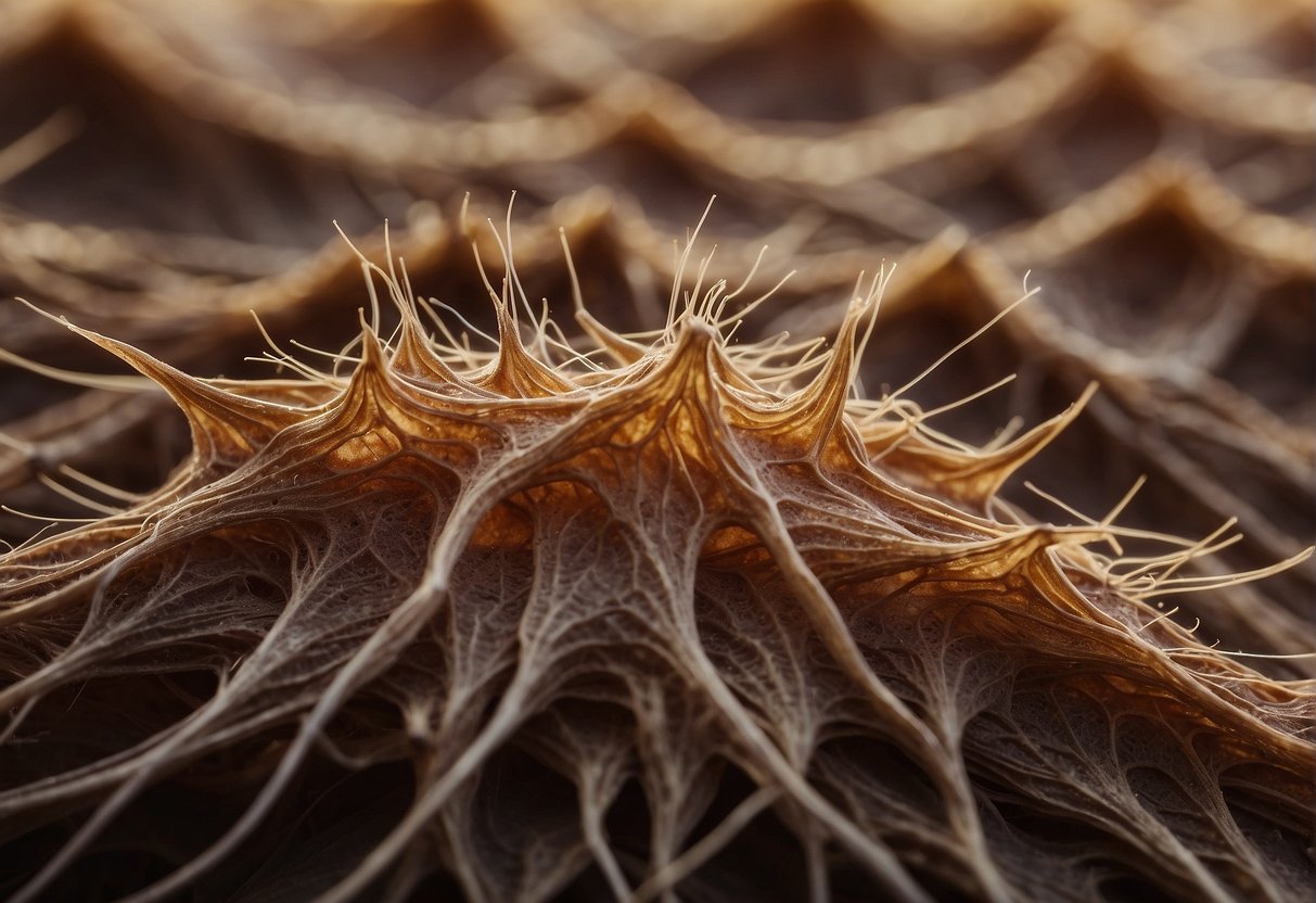 A close-up of a hair follicle growing from the scalp, surrounded by tiny blood vessels and skin cells