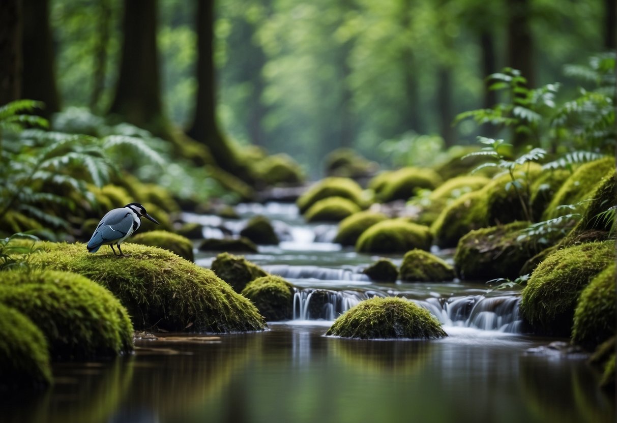 A lush forest with towering trees and a bubbling stream, filled with colorful birds and small animals