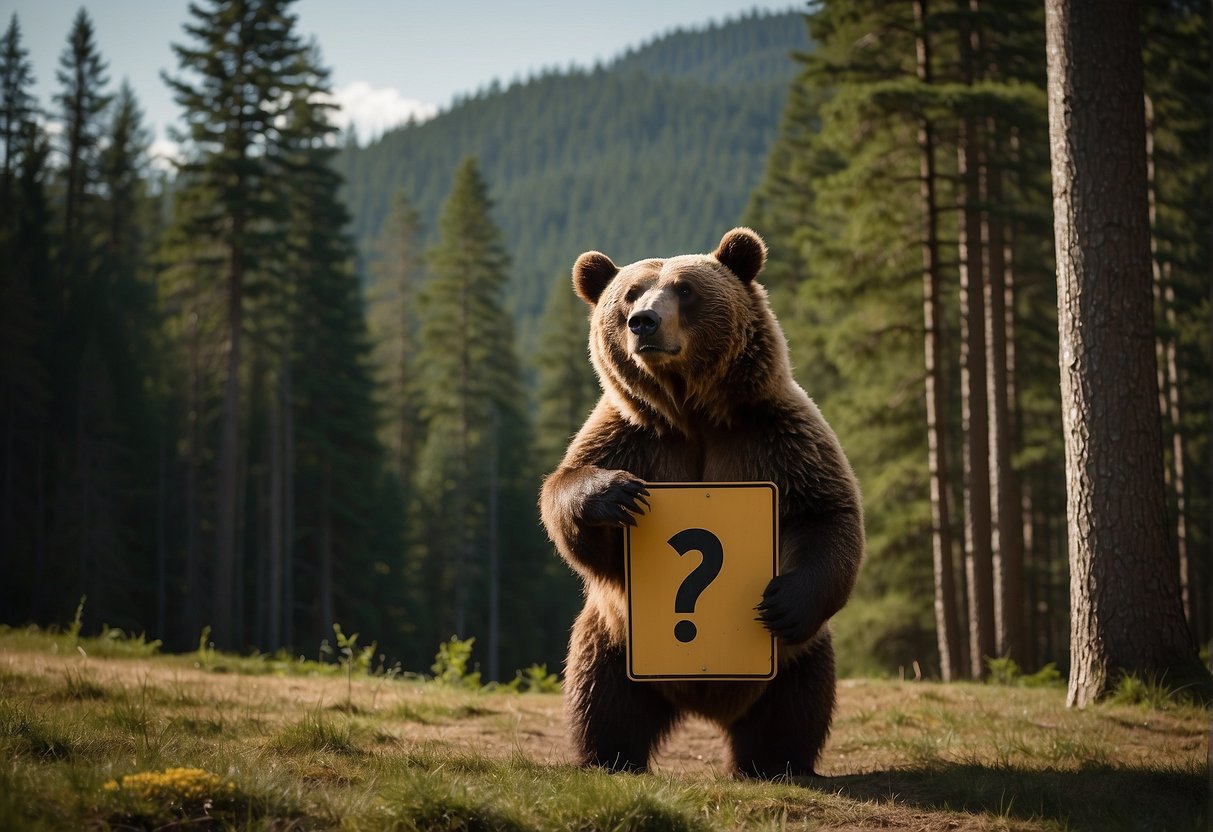 A bearded bear studying biology in a lush forest setting