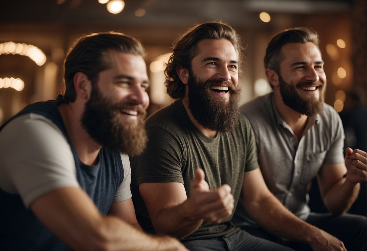 A group of bearded men engage in lively conversation, their facial hair ranging from short stubble to long, flowing beards. The atmosphere is jovial, with laughter and animated gestures