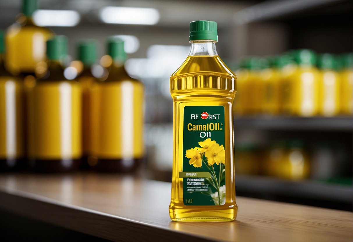 A bottle of Canola oil sits on a shelf, with a "best before" date clearly visible. The label indicates proper storage instructions