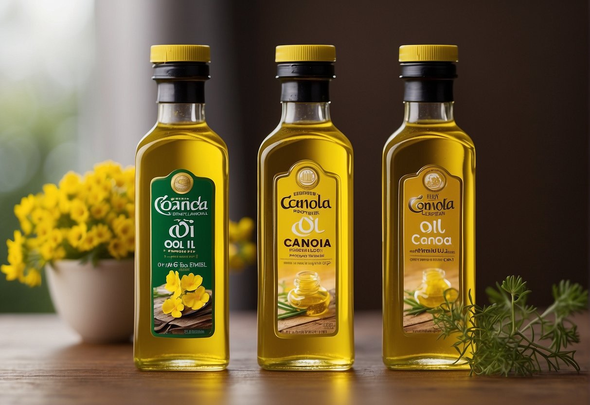 A bottle of Canola oil stands next to other oils for comparison