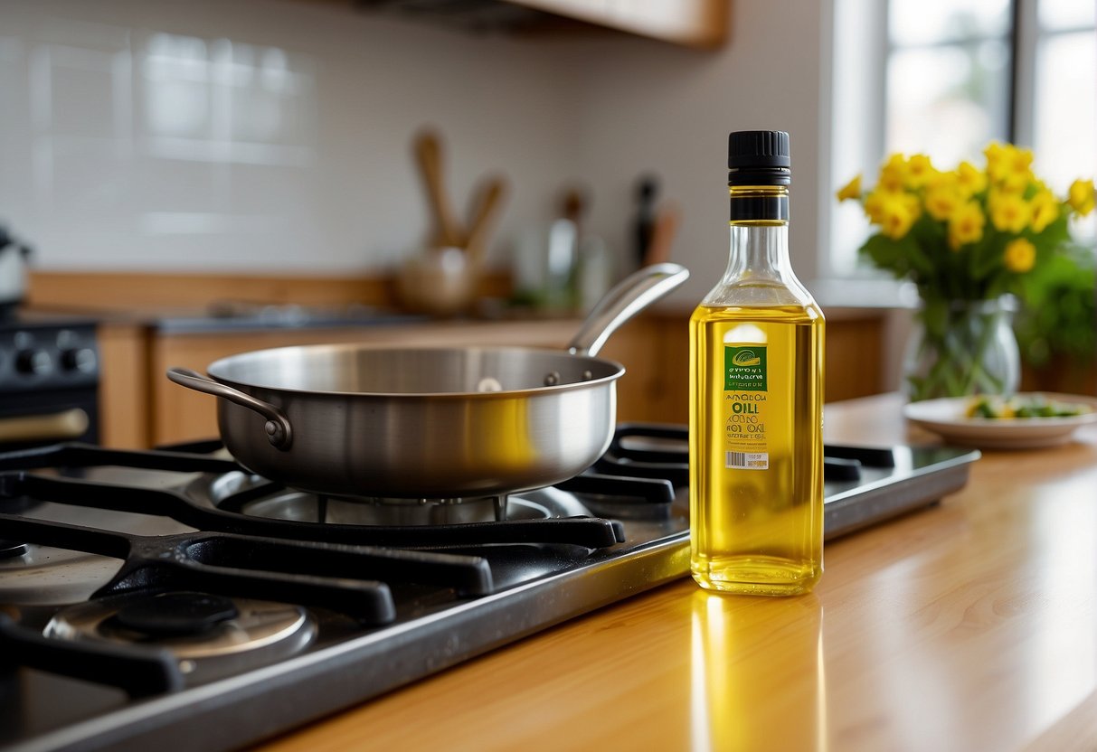 A bottle of Canola oil sits on a kitchen counter, next to a sizzling frying pan. The oil is being poured into the pan, creating a small splash