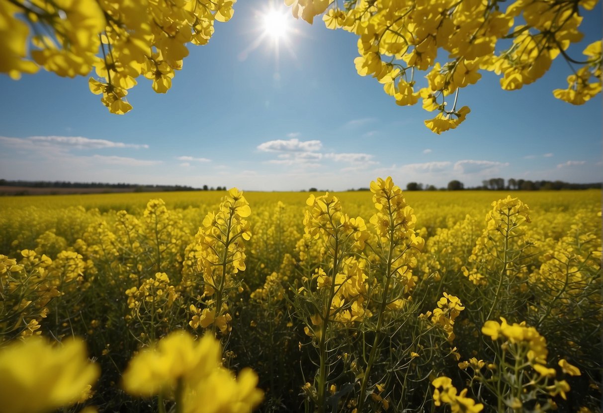 A vibrant field of yellow canola flowers swaying in the breeze under a clear blue sky