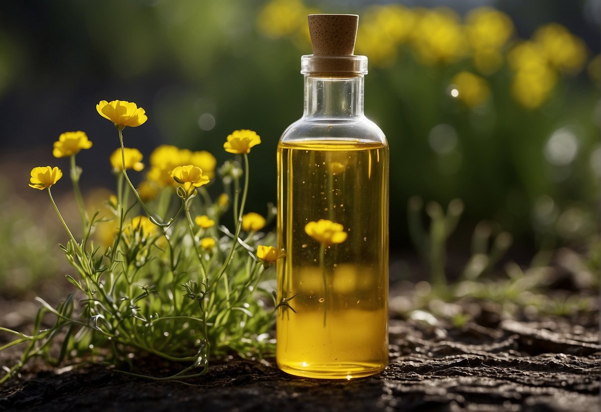 A bottle of canola oil spills, emitting fumes. Nearby plants wilt