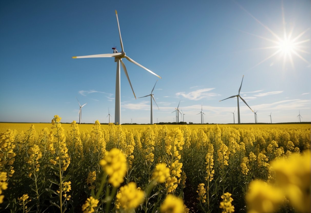 A field of canola plants with a clear blue sky and a wind turbine in the background, showcasing the environmental impact and sustainability of canola oil production