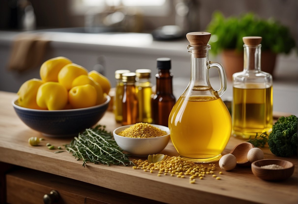 A bottle of Canola Öl surrounded by various cooking ingredients and utensils on a kitchen countertop