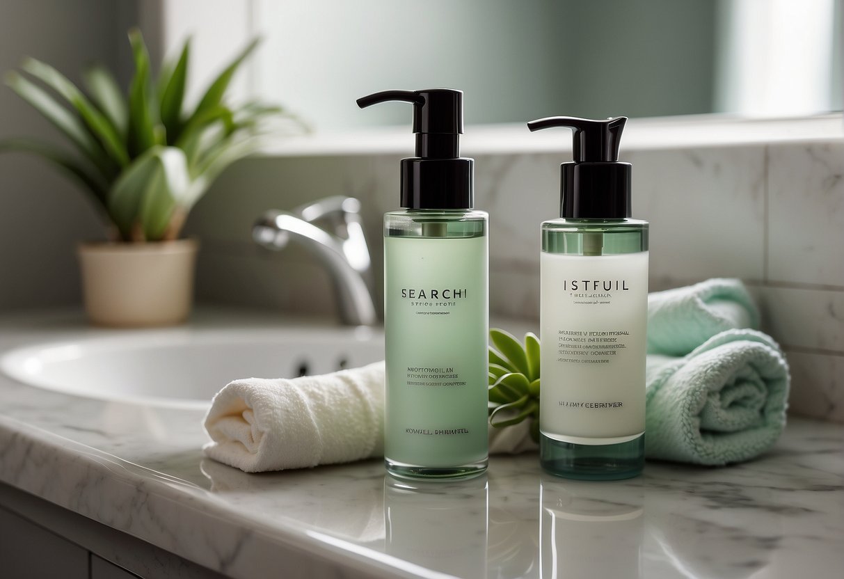 A bathroom counter with various skincare products arranged neatly, including cleanser, toner, moisturizer, and sunscreen. A soft towel and a potted plant add a touch of relaxation to the scene