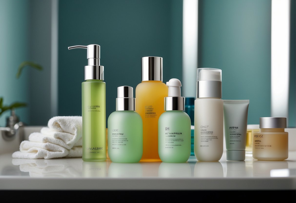 A variety of skincare products arranged neatly on a bathroom counter, including cleansers, moisturizers, and serums, tailored to different skin types and individual needs