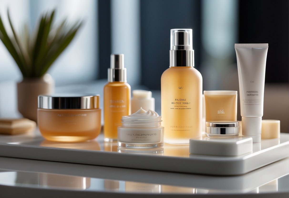 A young woman's skincare routine, with morning and evening products arranged on a clean, organized vanity. A clock in the background shows the time of day