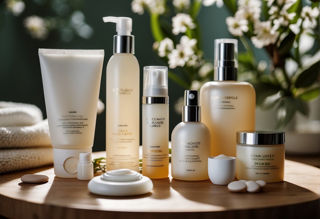 A table with skincare products arranged in order of use, including cleanser, exfoliator, toner, serum, moisturizer, and sunscreen