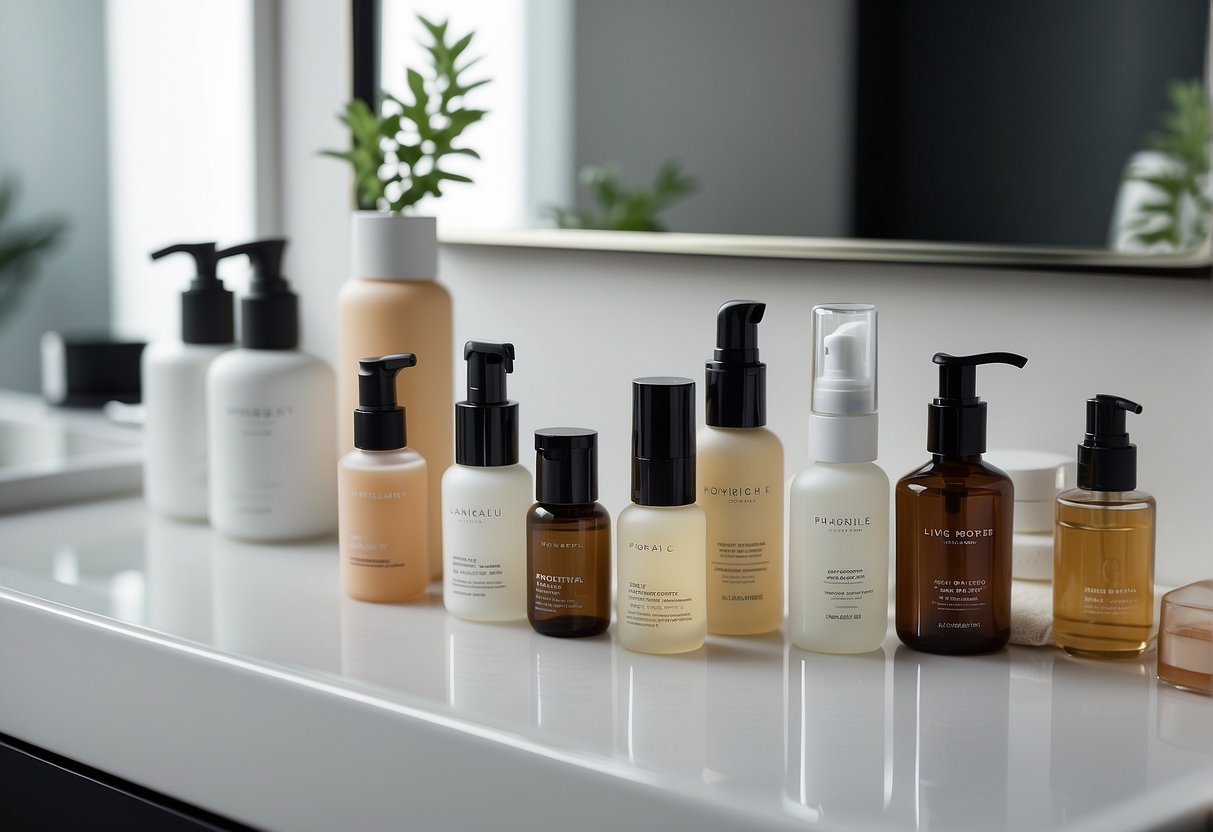 A variety of skincare products arranged neatly on a clean, minimalist vanity. Labels and ingredients are visible, creating an organized and inviting display