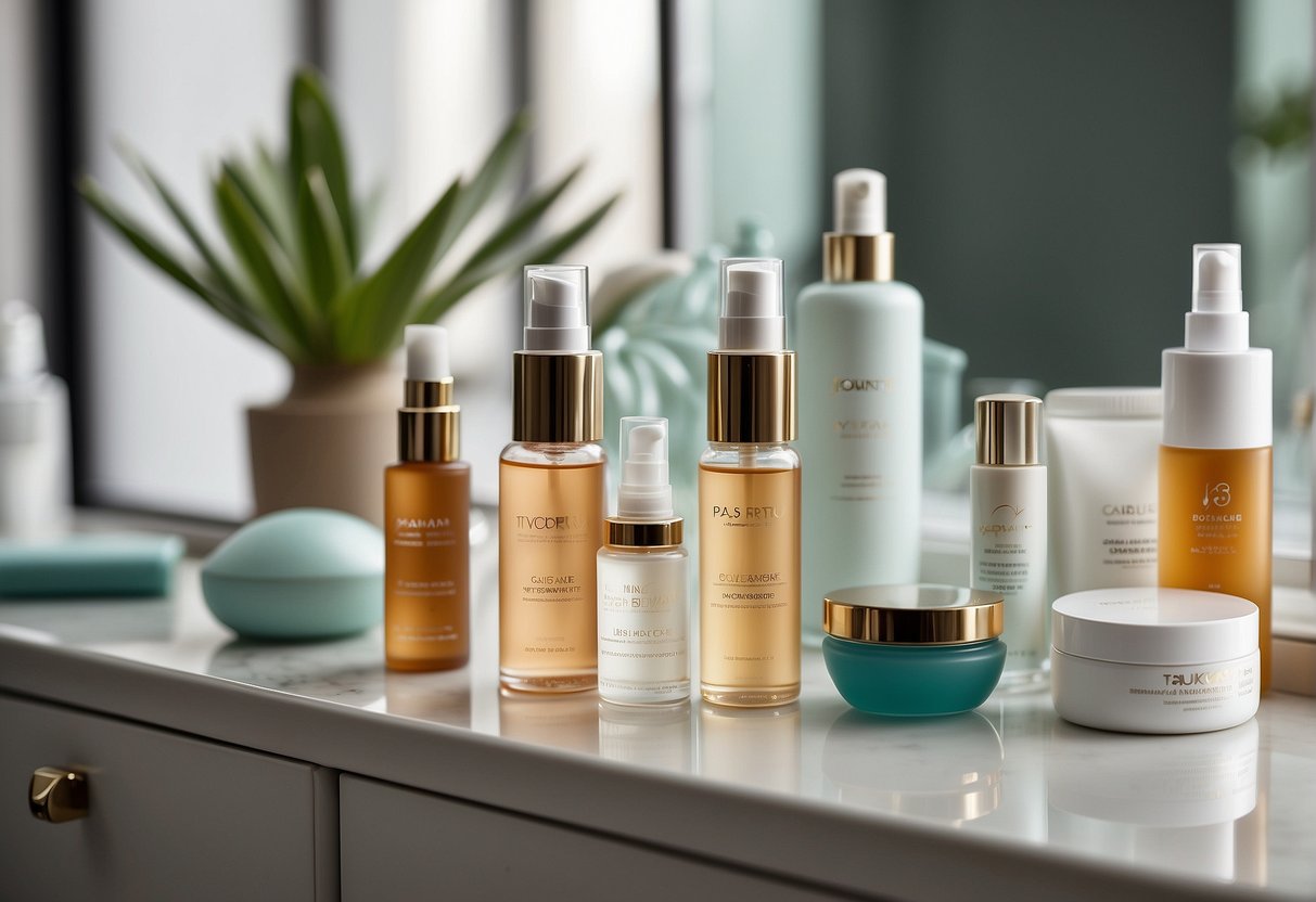 A variety of skincare products arranged neatly on a clean, well-lit vanity table, including cleansers, serums, moisturizers, and sunscreen