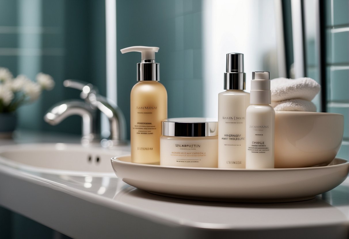 A woman's skincare products neatly arranged on a bathroom counter, with a soft towel and a mirror in the background