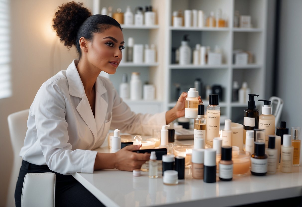 A skincare specialist advising on a skincare routine, with various skincare products and tools displayed on a clean, organized table