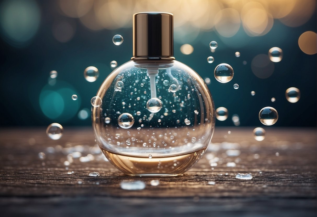 A bubble skincare bottle surrounded by floating bubbles and sparkles