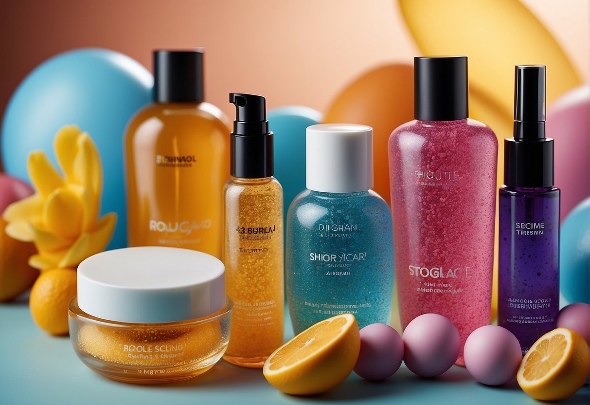 A colorful array of skincare products arranged in a playful and bubbly composition, showcasing the vibrant and youthful essence of Bubble Skincare