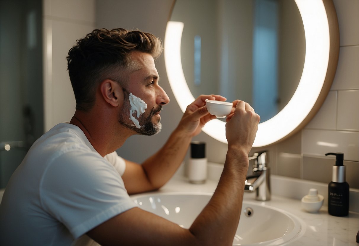 A man's skincare routine: a tube of face cream next to a razor and towel on a bathroom counter