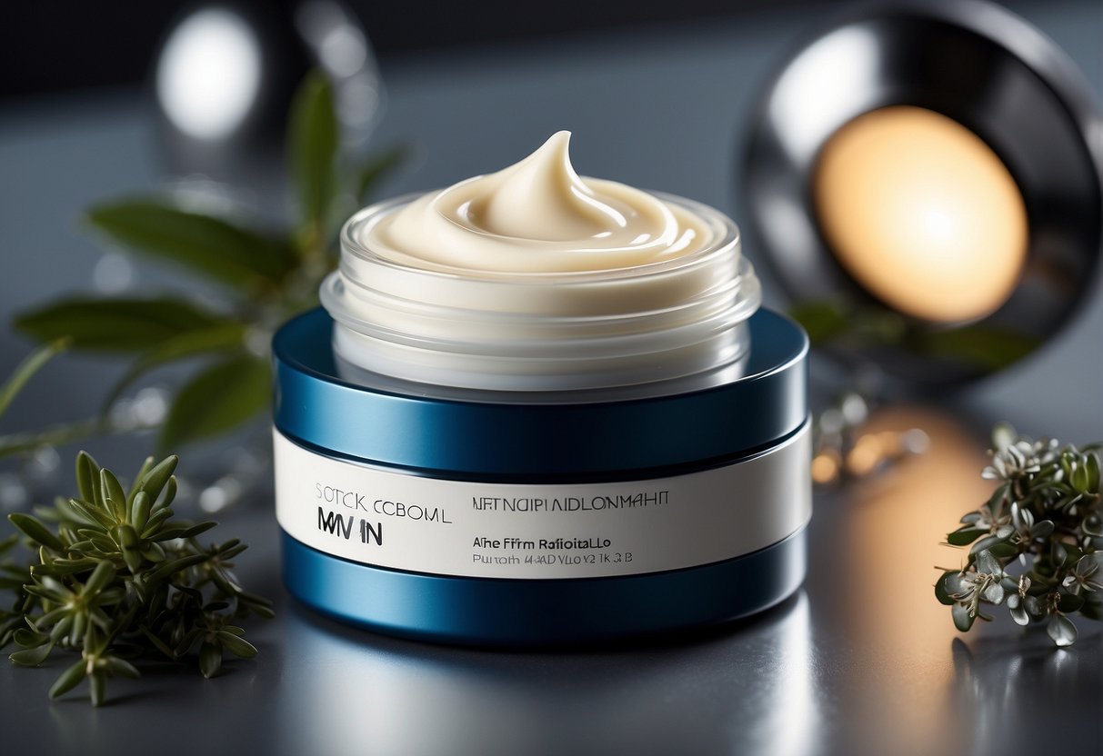 A sleek, modern bottle of men's face cream surrounded by innovative ingredients and technology