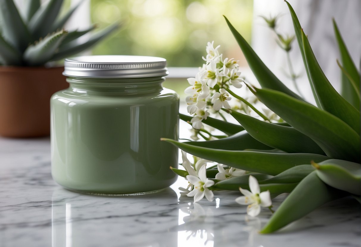 A glass jar of Hyaluron Creme sits on a marble countertop, surrounded by fresh green aloe leaves and delicate white flowers