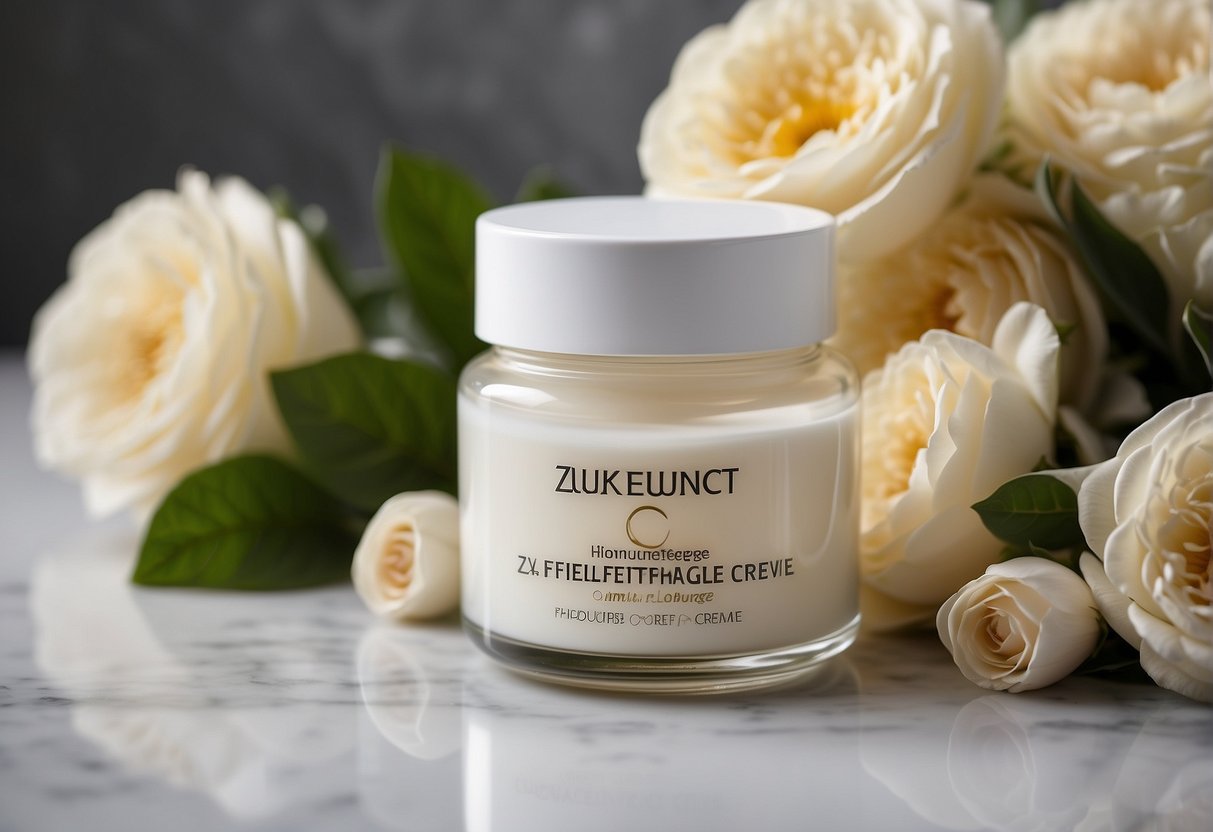 A jar of Hyaluron cream surrounded by various skincare products on a clean, white countertop. A soft, natural light highlights the packaging and creates a serene, inviting atmosphere