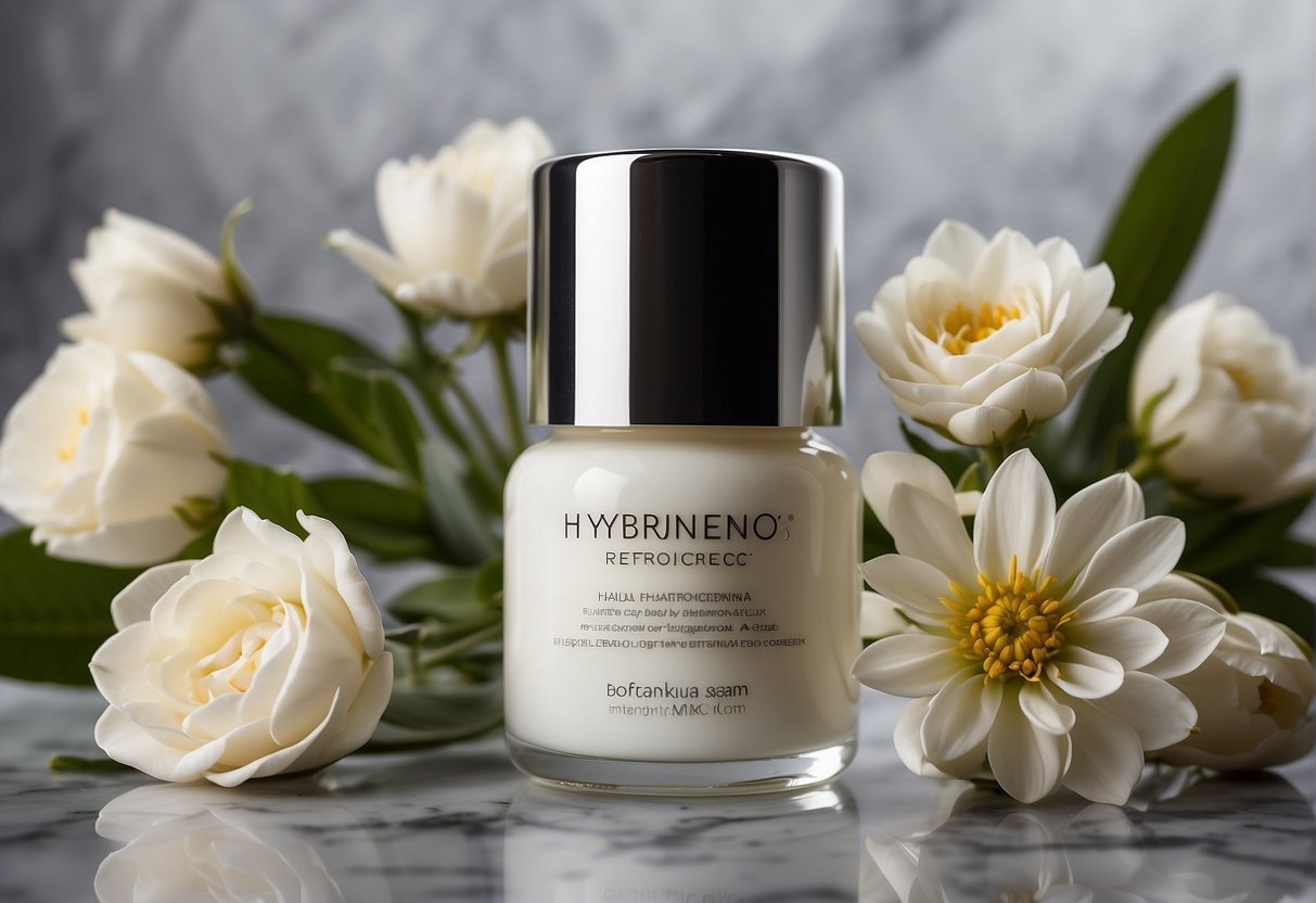 A jar of hyaluronic acid cream sits on a marble countertop, surrounded by fresh flowers and a glowing skincare serum