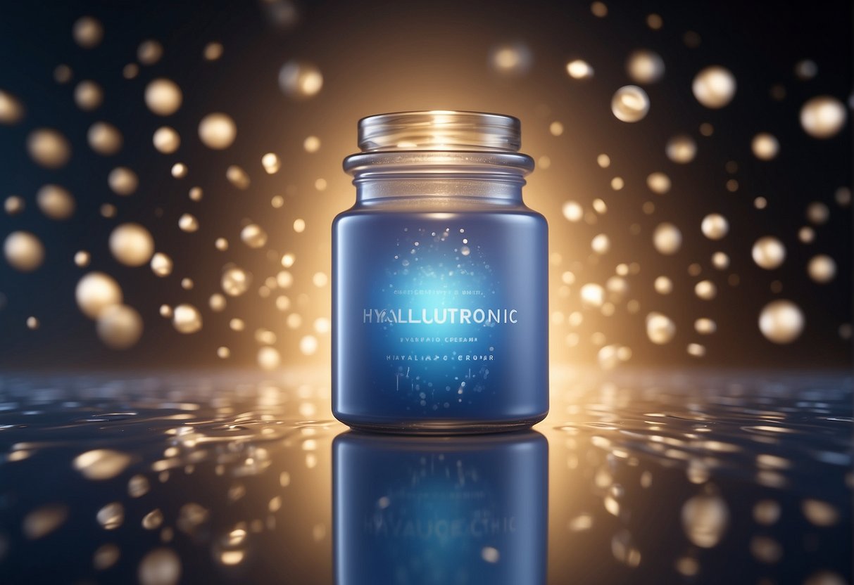 A jar of hyaluronic cream surrounded by question marks and myths, with a glowing halo to represent its allure and mystery