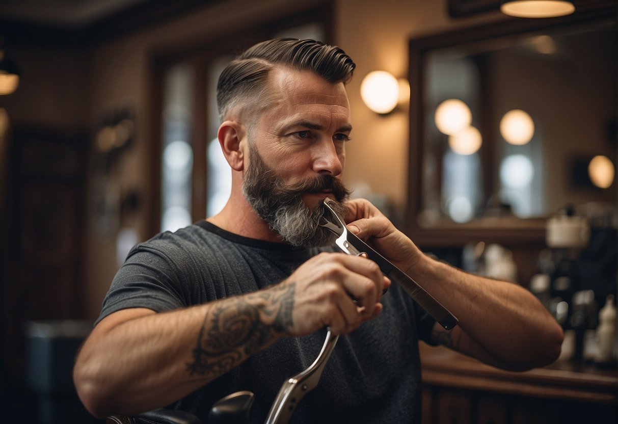 A barber shaving a man's beard with a straight razor