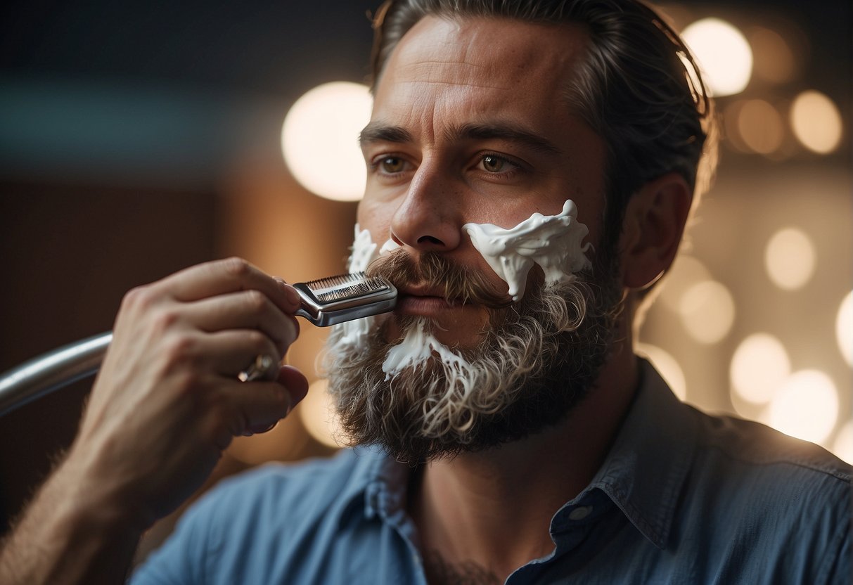 A hand holding a bartrasierer applying shaving cream to a beard