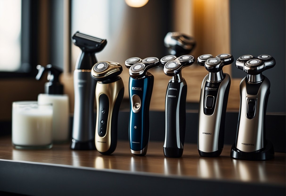 A collection of various electric and manual razors, shaving creams, and grooming tools displayed on a clean, organized countertop