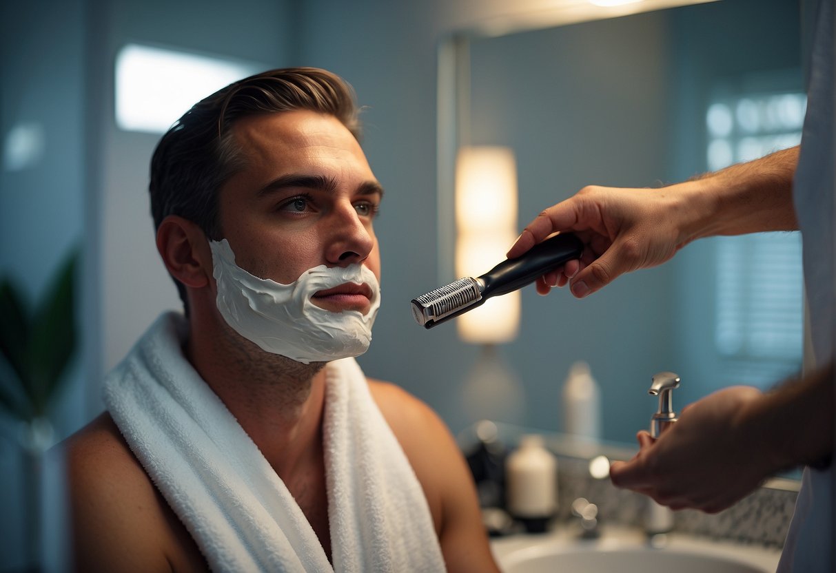 A person prepares for intimate shaving. Supplies include razor, shaving cream, and towel