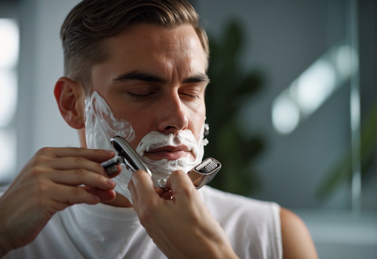 A person gently shaving the intimate area, with a soothing aftercare routine in a clean and comfortable environment