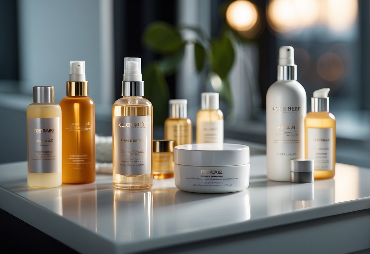 A table with various skincare products arranged neatly, including cleansers, moisturizers, and serums. Bright lighting highlights the labels and textures of the products