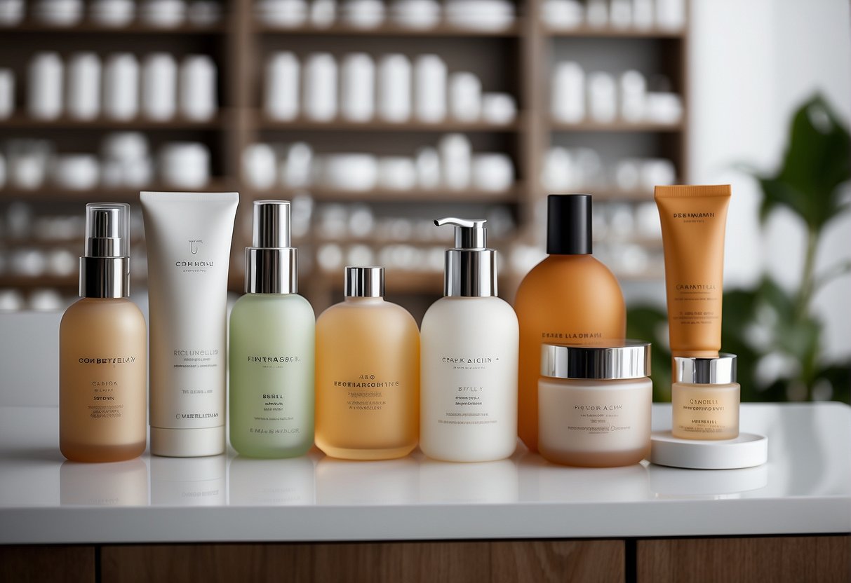 A variety of skincare products arranged neatly on a clean, white countertop with labels facing forward. A hand reaches for a bottle of moisturizer