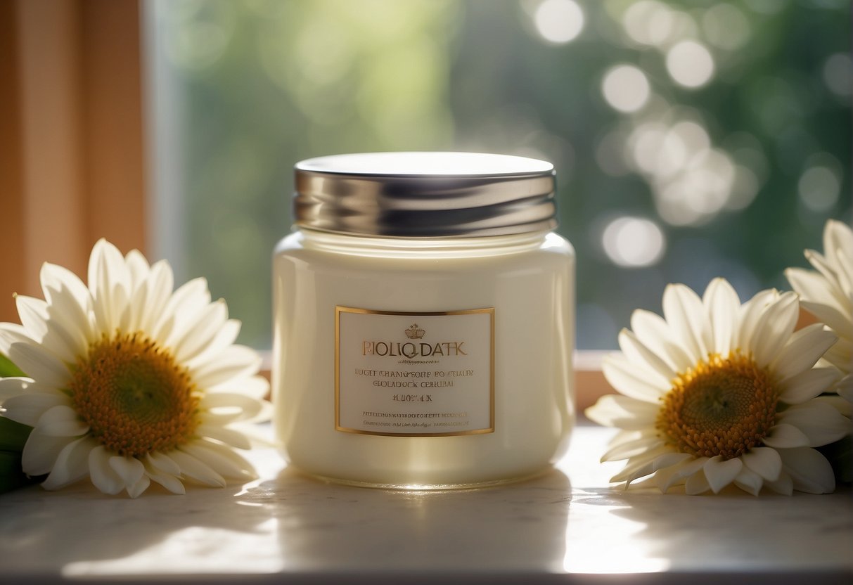 A jar of day cream sits on a bathroom counter, surrounded by fresh flowers and a soft towel. The morning sunlight streams in through the window, casting a warm glow on the scene