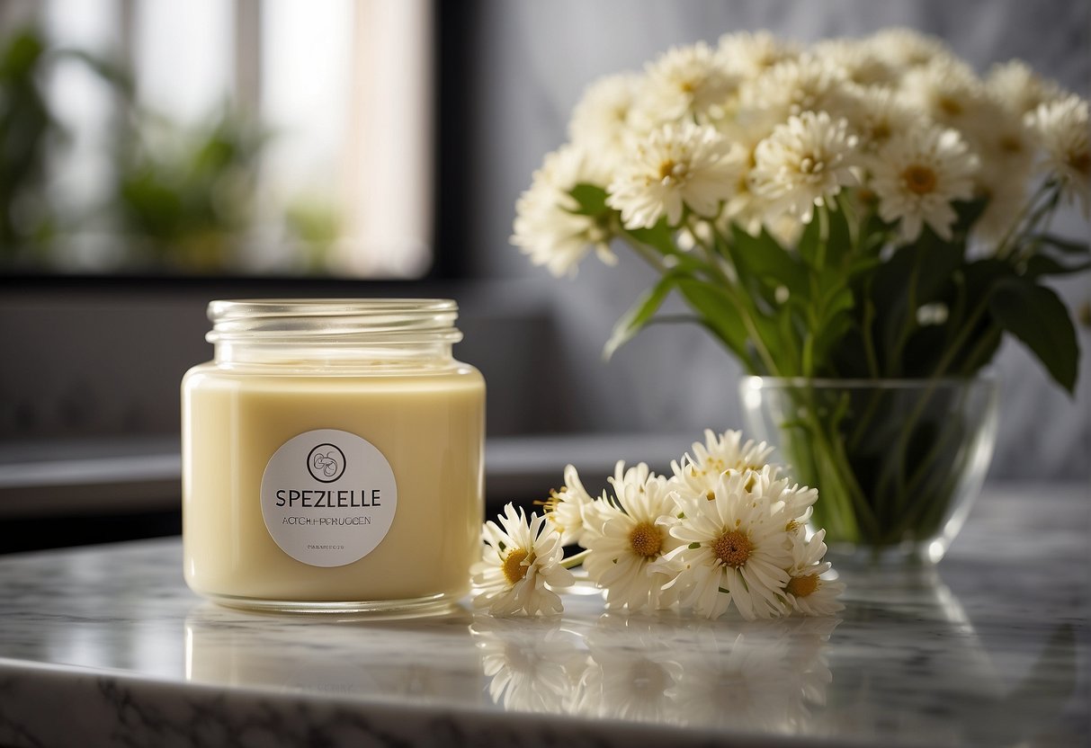 A jar of "Spezielle Formulierungen Tagescreme" sits on a marble countertop, surrounded by soft lighting and a few delicate flowers