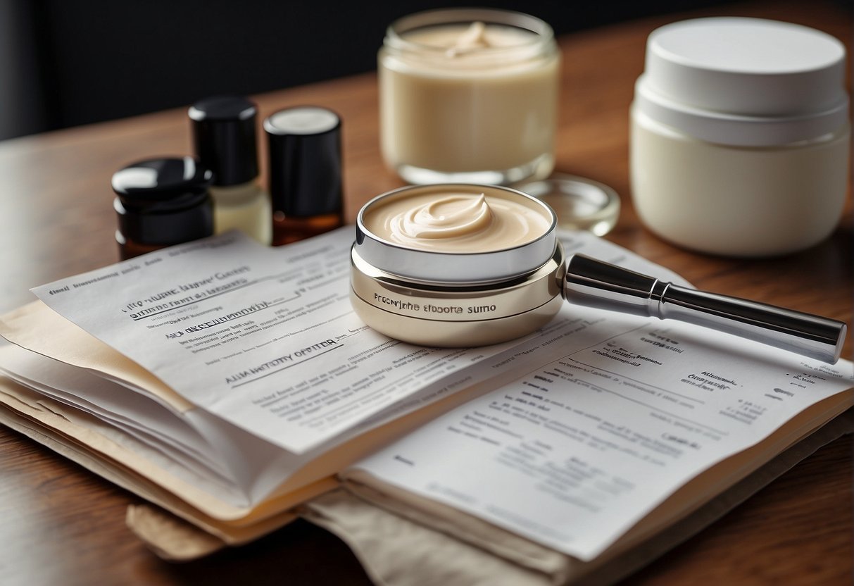 A table with various natural ingredients and their effects, surrounded by scientific equipment and research notes