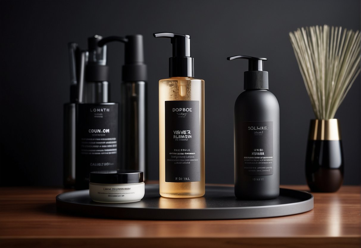 A bottle of men's shower gel on a sleek, modern bathroom shelf, surrounded by masculine grooming products