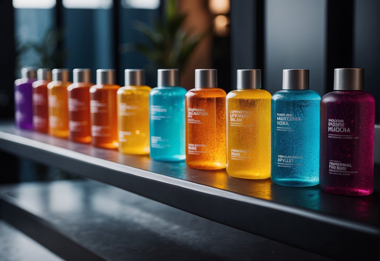 Various shower gels lined up in the sports area, specifically designed for men