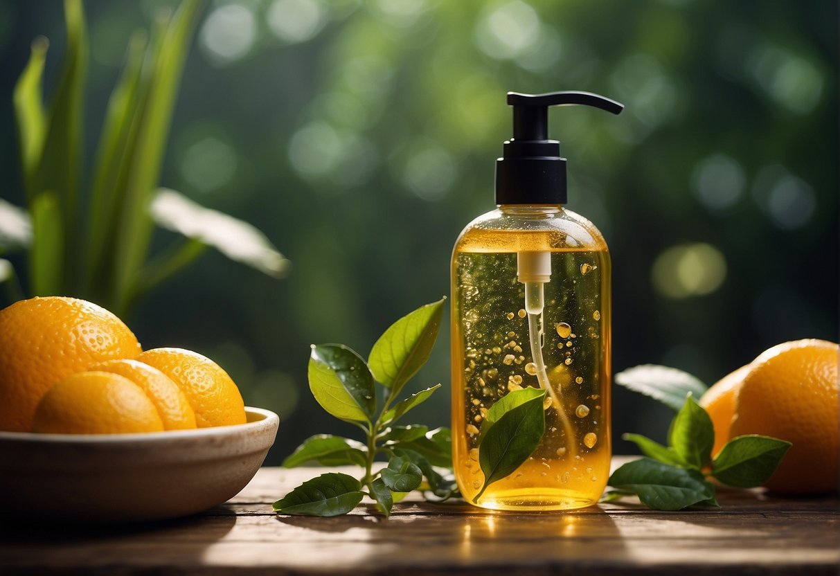 A bottle of men's shower gel surrounded by additional grooming products