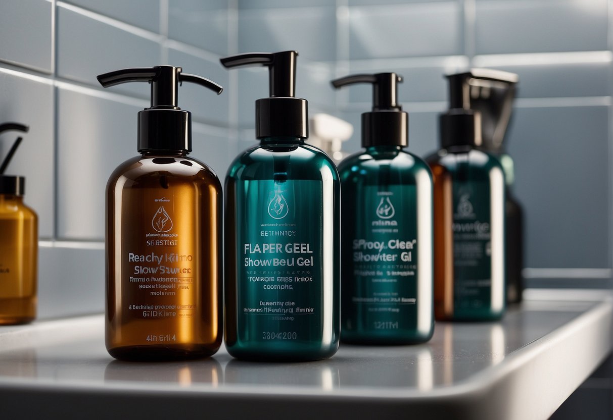 A shelf with various bottles of men's shower gel, labeled "Frequently Asked Questions Duschgel Männer."