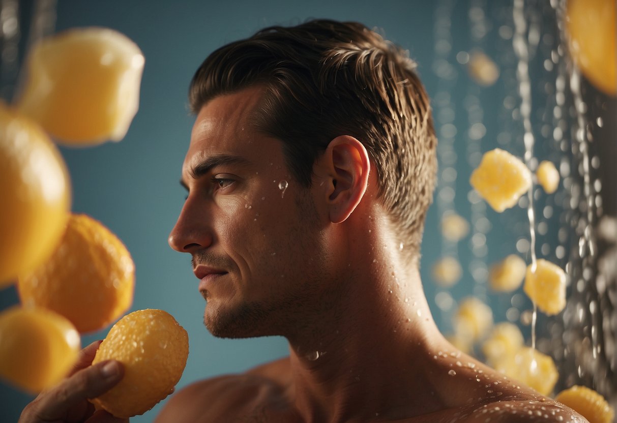 A man applying shower gel to his body, with different skin types represented