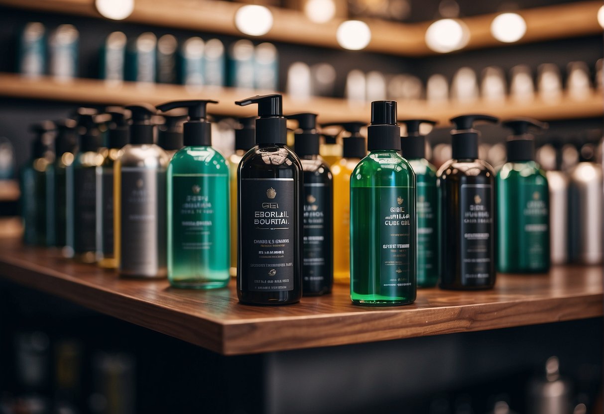 A shelf displaying various sets of men's shower gel and gift ideas