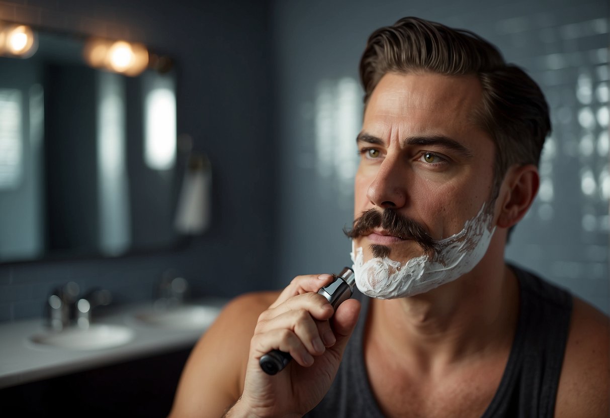 A man shaving with a modern electric razor. Mirror reflects his focused expression. Bathroom counter cluttered with grooming products