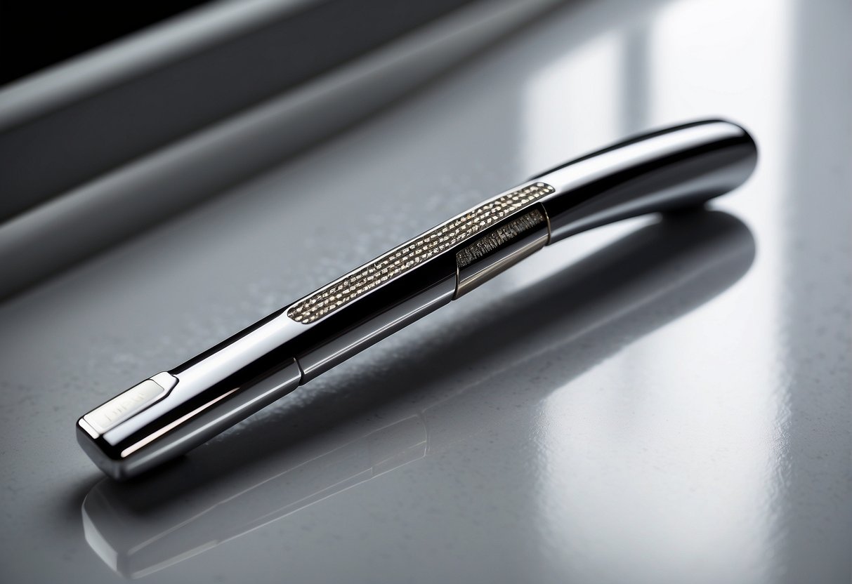 A sleek, modern razor sits on a clean, white countertop. The razor's metallic surface reflects the light, while its sharp blades are poised for use